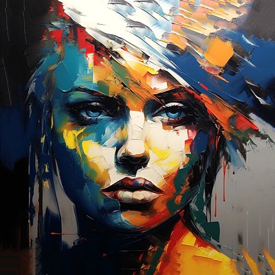 Abstraktes schönes Mädchenbild mit blauen Augen, Wohnzimmerwanddekoration von F. Abderrahim