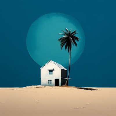 Abstraktes Häuschen am Strand mit einer Palme von F. Abderrahim