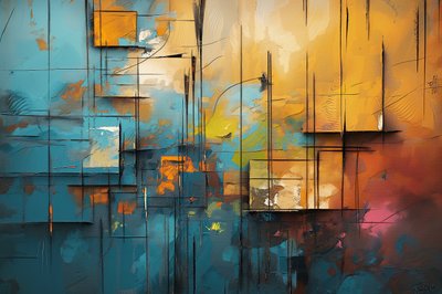 Acrylgemälde auf Leinwand in Blau, Orange und Gelb von F. Abderrahim