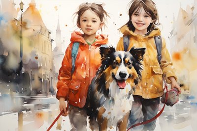 Aquarellporträt von Hund und Kindern von F. Abderrahim