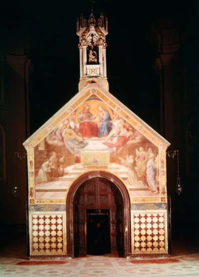 Außenansicht der Porziuncola-Kapelle mit einem Fresko, das zeigt, wie St. Franziskus den Ablass von Assisi erhält (von Friedrich Overbeck), 1829; Innenansicht von Santa Maria degli Angeli (rekonstruiert von Luigi) von F and Poletti Overbeck