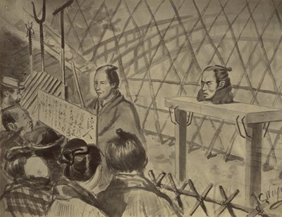 Fotografische Kopie einer Zeichnung des Kopfes eines enthaupteten Mannes auf einem Tisch von Charles Wirgman von Felice Beato