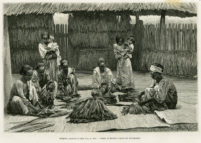 Einheimische bei der Tabakherstellung. Gravur von Myrbach zur Illustration der Geschichte Luçon und Palawan, sechs Jahre auf den Philippinen, von Alfred Marche (1844-1898), in Le Tour du monde 1886, unter der Leitung von Edouard Charton (1807-1890), Hachet von Felicien baron de Myrbach Rheinfeld