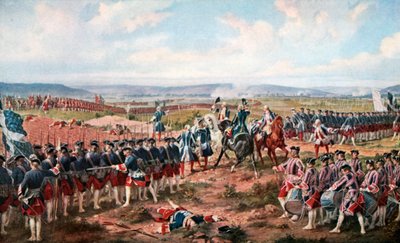 Die Schlacht von Fontenoy. Die Franzosen und die Alliierten konfrontieren sich (Farblitho) von Felix (after) Philippoteaux