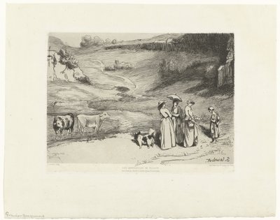 Junge Frauen geben einer Hirtin Geld in einer Hügellandschaft von Felix Bracquemond