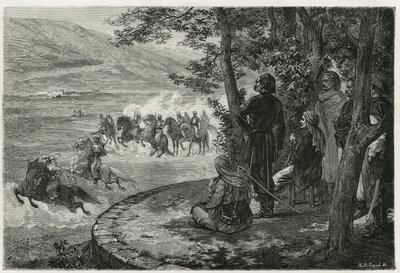 Das Rennen des Djerid, der Reiter startete mit einem kurzen Stock, der sowohl den Speer als auch das Gewehr darstellte; er schwenkte ihn über seinem Kopf, bevor er ihn wegwarf, Gravur von F. Regamey, zur Illustration der Geschichte Les Ansaries von Leon Ca von Felix Elie Regamey