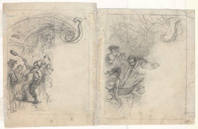 Koch, der Pfannkuchen wirft, und Gruppe von vier Männern [verso] von Felix Octavius Carr Darley