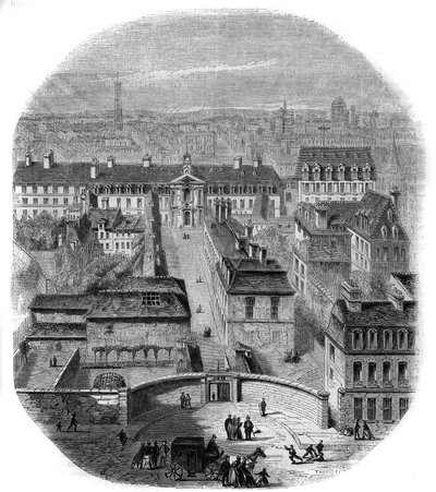 Ansicht der Gobelins-Manufaktur in Paris, mit dem Kapuzinerkloster, dem Observatorium und dem Schloss der Königin Blanche. Gravur von Thorigny von Felix Thorigny