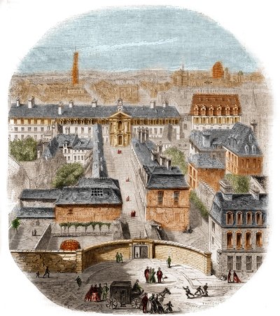 Ansicht der Gobelins-Manufaktur in Paris, mit dem Kapuzinerkloster, dem Observatorium und dem Schloss der Königin Blanche. Gravur von Thorigny von Felix Thorigny