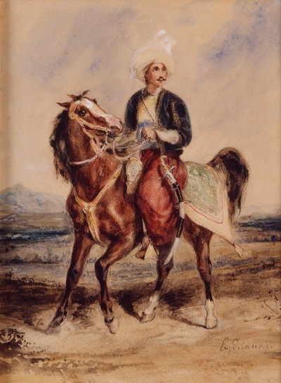 Ein arabischer Krieger zu Pferd in einer Landschaft von Ferdinand Victor Eugene Delacroix