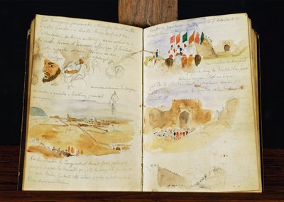 Skizzen von Arabern, Landschaften von Marokko, arabische Menschenmengen, Tor von Meknes und handschriftliche Notizen von Ferdinand Victor Eugene Delacroix