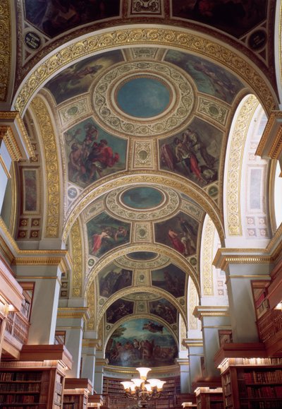 Ansicht der Kassettendecke der Bibliothek mit vergoldetem Stuckrahmen, der Zwickel mit biblischen und klassischen Szenen umrahmt, 1844 von Ferdinand Victor Eugene Delacroix
