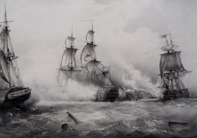 Kampf zwischen britischen und amerikanischen Dreideckern mit 74 Kanonen, Lithographie von Ferdinand Perrot von Ferdinand Victor Perrot