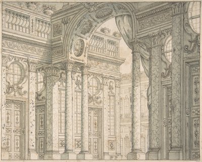 Entwurf einer Perspektive für ein Bühnenbild mit Hof und Triumphbogen von Ferdinando Galli Bibiena