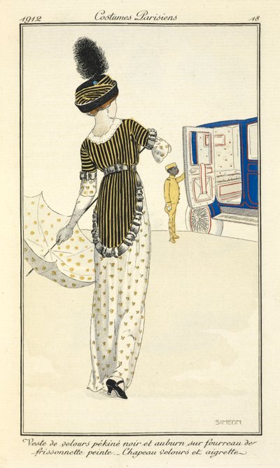 Veste de velours pékiné noir et auburn sur fourreau de frissonnette peinte. Chapeau velours et aigrette. von Fernand Siméon