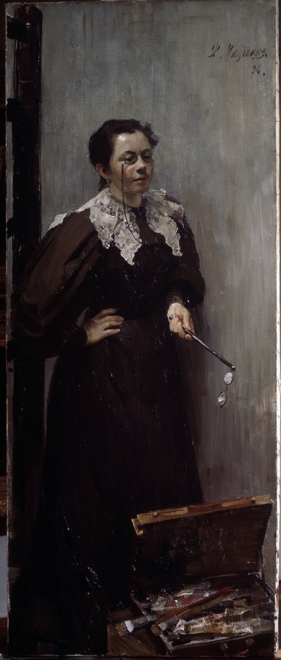 Porträt der Künstlerin Anna Ostroumova-Lebedeva (1871-1955). Dargestellt stehend hinter ihrem Malmaterial, mit einer Brille auf der Nase und einer weiteren in der Hand. Gemälde von Filipp And von Filipp Andreevich Maliavin