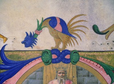 Missale 515 f.13v Fantastisches zweibeiniges Wesen mit menschlichem Gesicht, Detail des dekorativen Randes aus einem Chorbuch, vor 1449 (Detail) von Filippo di Matteo Torelli