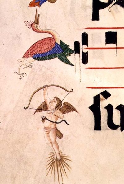 Missale 515 f.5r Ein Cherub schießt einen Storch mit Pfeil und unsichtbarem Bogen (Detail des dekorativen Randes) von Filippo di Matteo Torelli