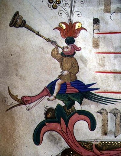 Missale 515 f.9r Figur, die ein Horn bläst, auf einem geschirrten Vogel montiert, Detail des dekorativen Randes aus einem Chorbuch vor 1449 (Detail) von Filippo di Matteo Torelli