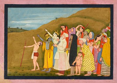 Krishna und seine Familie bewundern eine Sonnenfinsternis, vielleicht eine Seite aus dem "Kangra/Modi" Bhagavata Purana von First generation after Nainsukh