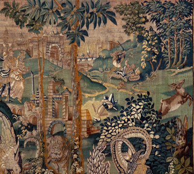 Flämischer Wandteppich. Landschaft mit Pergola und großen Tieren, mit 2 Säulen. Atelier von Oudenaarde. 319x508cm. Inv 0023. 17. Jahrhundert. von Flemish School