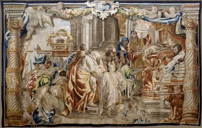 Flämischer Wandteppich. Serie Apotheose der Eucharistie. Opfer des mosaischen Gesetzes. Modell Cartoon kopiert von einem Original von Rubens. Brüsseler Herstellung. Herstellung durch Frans van den Hecke. Mitte 17. Jahrhundert von Flemish School