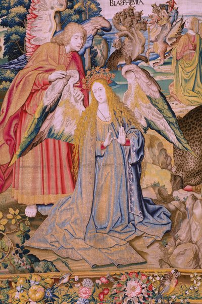 Flämischer Wandteppich. Serie Die Apokalypse: Der heilige Michael besiegt den Drachen. Atelier Willem Dermoyen, Brüssel. Ca. 1553-1555. (Detail) von Flemish School