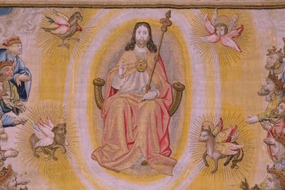 Flämischer Wandteppich. Serie Die Apokalypse: Der heilige Michael besiegt den Drachen. Atelier Willem Dermoyen, Brüssel. Ca. 1553-1555. (Detail) von Flemish School