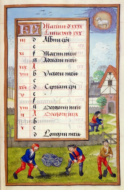 Ms 1058-1975 f3r Graben und Bäume pflanzen, illuminierte Kalenderseite für März, aus einem Stundenbuch, ca. 1500 von Flemish School