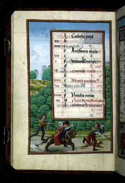 Ein Herr und seine Dame reiten mit der Jagd, beleuchtete Kalenderseite für April, aus einem Stundenbuch, ca. 1500 von Flemish School
