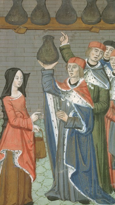 Frau mit Korb bringt Urinalis Magnus, aus De Medina Fen I. II, von Avicenna (980-1037) von Flemish School