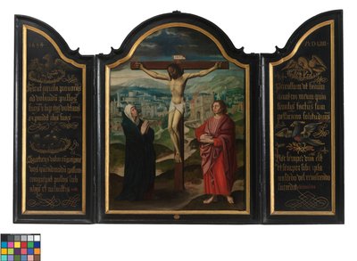 Triptychon mit Kreuzigung und Texten von Flemish School