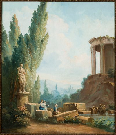 Landschaft mit den Ruinen des Sibyllentempels in Tivoli von Follower of Hubert Robert