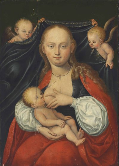 Die Jungfrau und das Kind mit zwei Engeln von Follower of Lucas Cranach the Elder