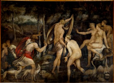 Diana (Artemis), Göttin der Jagd, und Aktäon, Jäger Gemälde der Schule von Fontainebleau (16. Jahrhundert) von Fontainebleau School