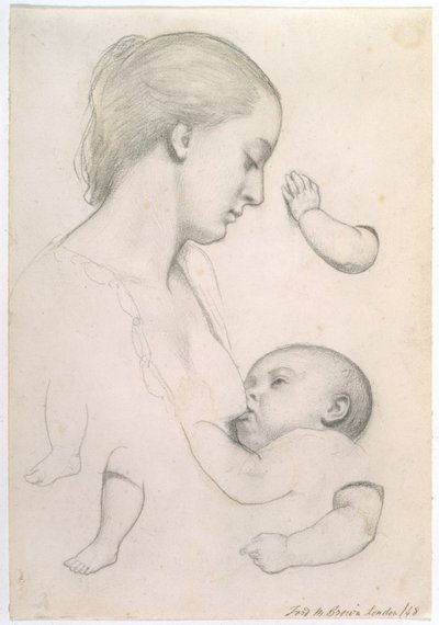 Mahlzeit des Säuglings - Studie einer Mutter und eines Kindes mit separaten Arm- und Bein-Studien des Kindes, 1848 von Ford Madox Brown