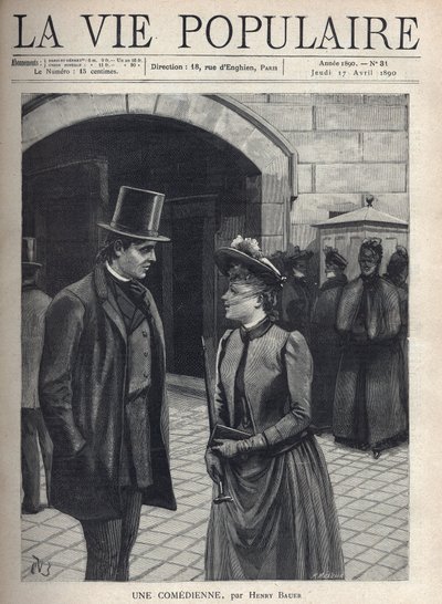 Eine junge Frau mit Schleierhut, der ihr Gesicht bedeckt, hält einen Regenschirm und ein Buch und spricht mit einem eleganten jungen Mann, Anzug und Zylinder, Hände in den Taschen. Hinter ihnen eine Gruppe strenger Frauen, dunkler Mantel und verschleiert.  von Fortune Louis Meaulle
