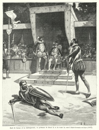 Duell zwischen Guy Cabot de Jarnac und Francois de Vivonne, Seigneur de la Chataigneraie vor König Heinrich II. von Frankreich und seinem gesamten Hof in St Germain-en-Laye von Fortune Louis Meaulle