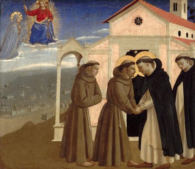 Begegnung von St. Franziskus und St. Dominikus (Szenen aus dem Leben des Heiligen Franziskus von Assisi), um 1429 von Fra (c.1387 1455) Angelico
