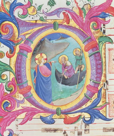 Missale 558 f.9r Historisierte Initiale O, die den wunderbaren Fischfang darstellt von Fra Angelico