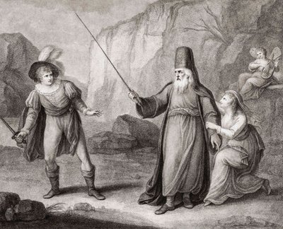 Prospero entwaffnet Ferdinand. Shakespeare. Der Sturm (Gravur) von Francesco Bartolozzi