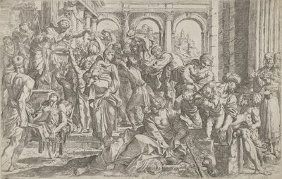 Der heilige Rochus verteilt links Almosen an eine Gruppe von Menschen, nach ..., 1590-1600 von Francesco Brizio