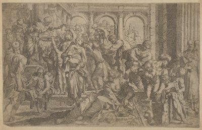 Der heilige Rochus verteilt Almosen an eine Gruppe von Menschen, ca. 1607 von Francesco Brizio