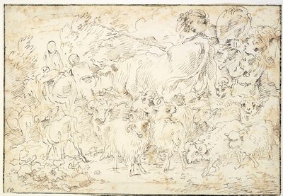 Hirten mit Ziegen, Schafen, einer Kuh und einem Hirtenhund von Francesco Castiglione