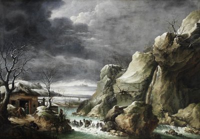 Reisende nähern sich einer Scheune in einer Winterlandschaft unter einem stürmischen Himmel von Francesco Foschi