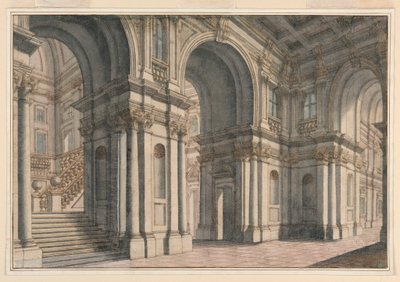 Zeichnung, Bühnenbild: Palastinterieur, 1700-1750 von Francesco Galli Bibiena