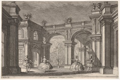Zwei Damen und zwei Herren tanzen in einer prunkvollen architektonischen Umgebung, ein Brunnen..., 1765 von Francesco Galli Bibiena