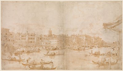 Der Canal Grande oberhalb der Rialtobrücke (Vorderseite); ein Priester zelebriert die Messe und der heilige Vinzenz Ferrer predigt (Rückseite) von Francesco Guardi