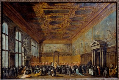 Die Audienz des Dogen von Venedig (wahrscheinlich Alvise IV Mocinego (1701-1778)) im Kollegiumssaal des Dogenpalastes von Venedig von Francesco Guardi