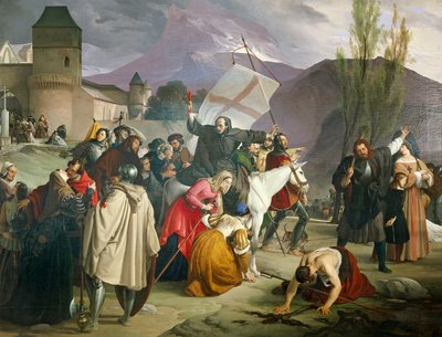 Peter der Einsiedler reitet auf einem weißen Maultier mit einem Kreuz in der Hand und predigt den Kreuzzug von Francesco Hayez